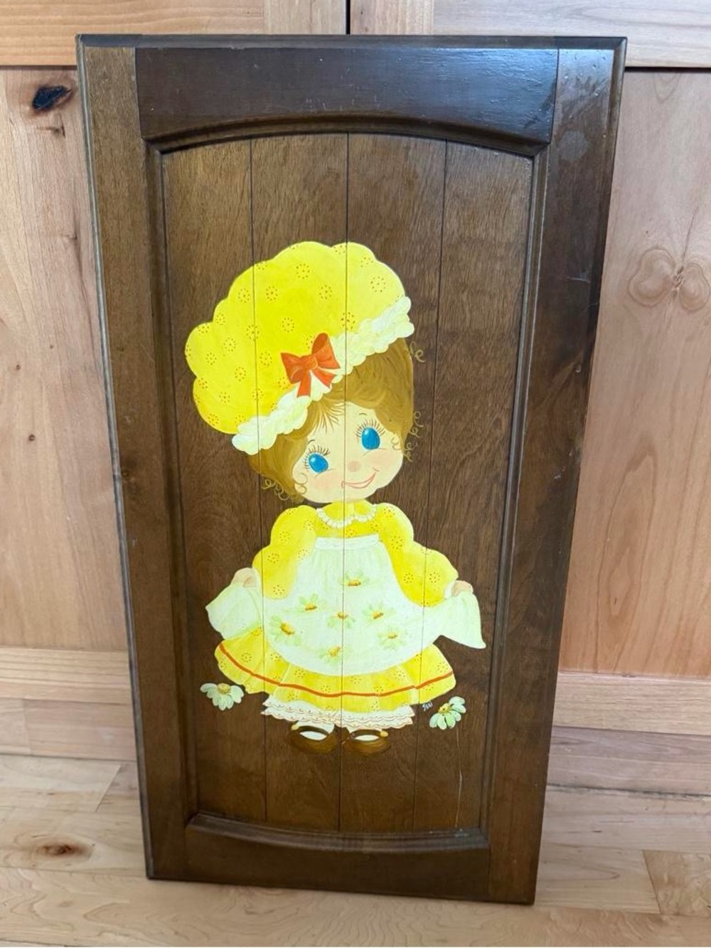 Vintage Yellow Floral Girl Painted Wood Wall Decor